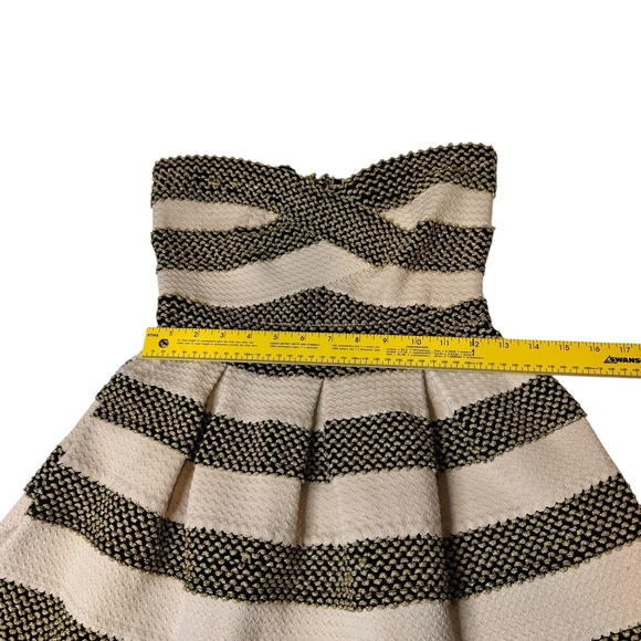 Lore Black Gold Cream Striped Strapless Pleated Fit and Flare Dress Size M Lo're - Picture 6 of 10